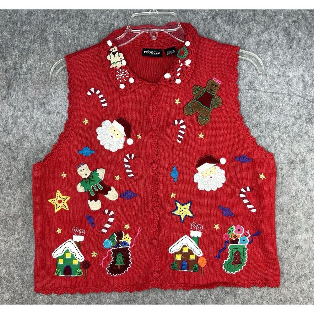 Rebecca Malone Christmas Embroidered Holiday Sweater Vest Novelty Women's Size L